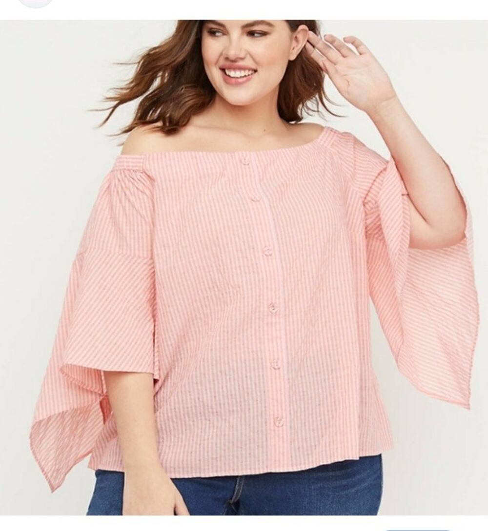 Lane Bryant Blouse Top Boho Flare Sleeve Pink 26/28 Cotton Blend Lightweight